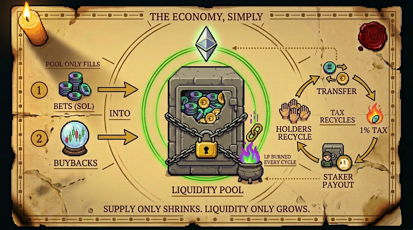 Economy blueprint — the pool only fills, tax recycles, supply only shrinks
