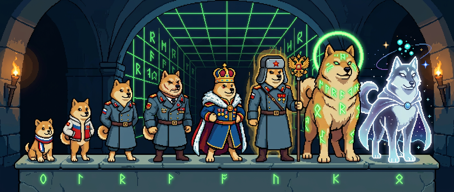 Eight evolution stages of a Russia doge from Gen-0 pup to Gen-7 ascended