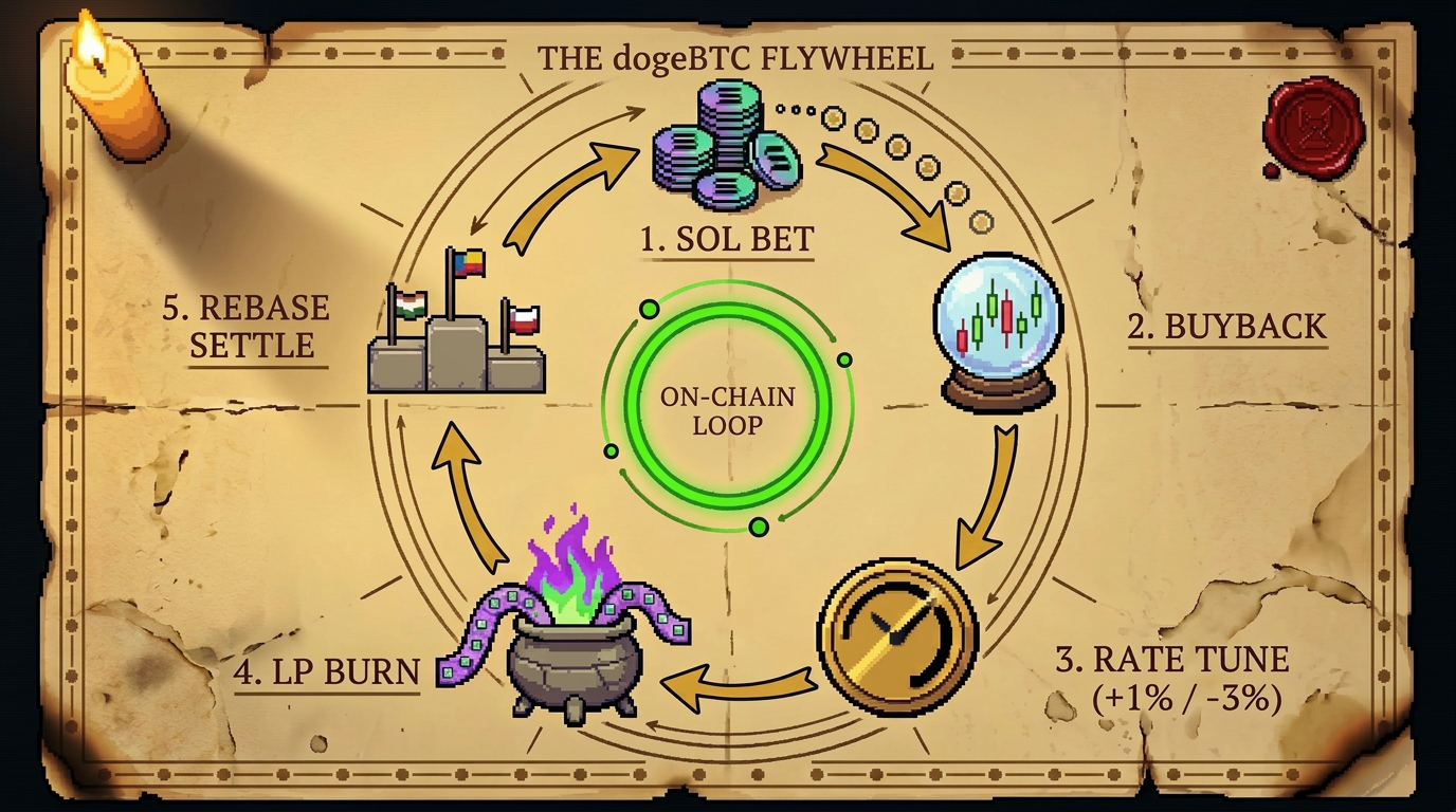 Five-station alchemical blueprint of the dogeBTC flywheel