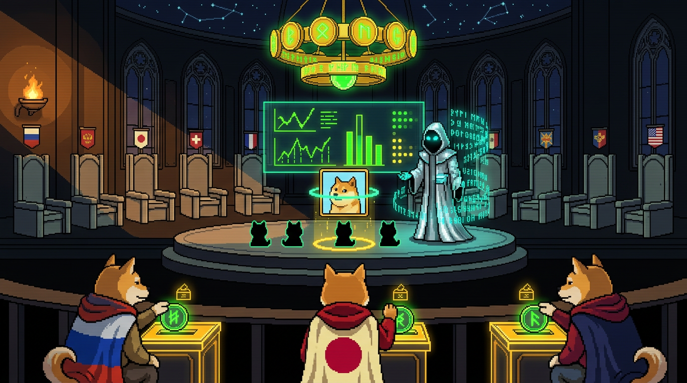 Future governance chamber — stakers voting, AI oracle managing NFT inventory, empty faction thrones