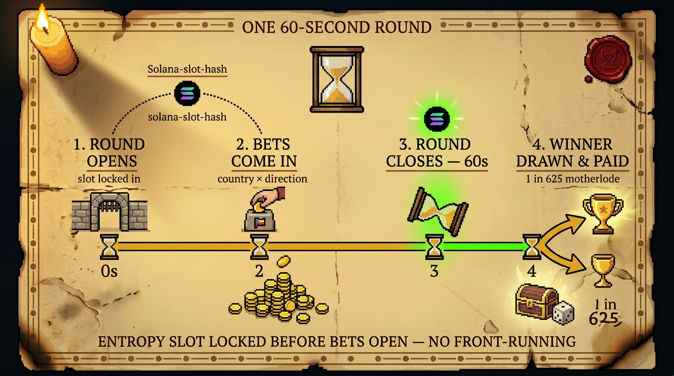 60-second round lifecycle — opens, bets, closes, winner drawn