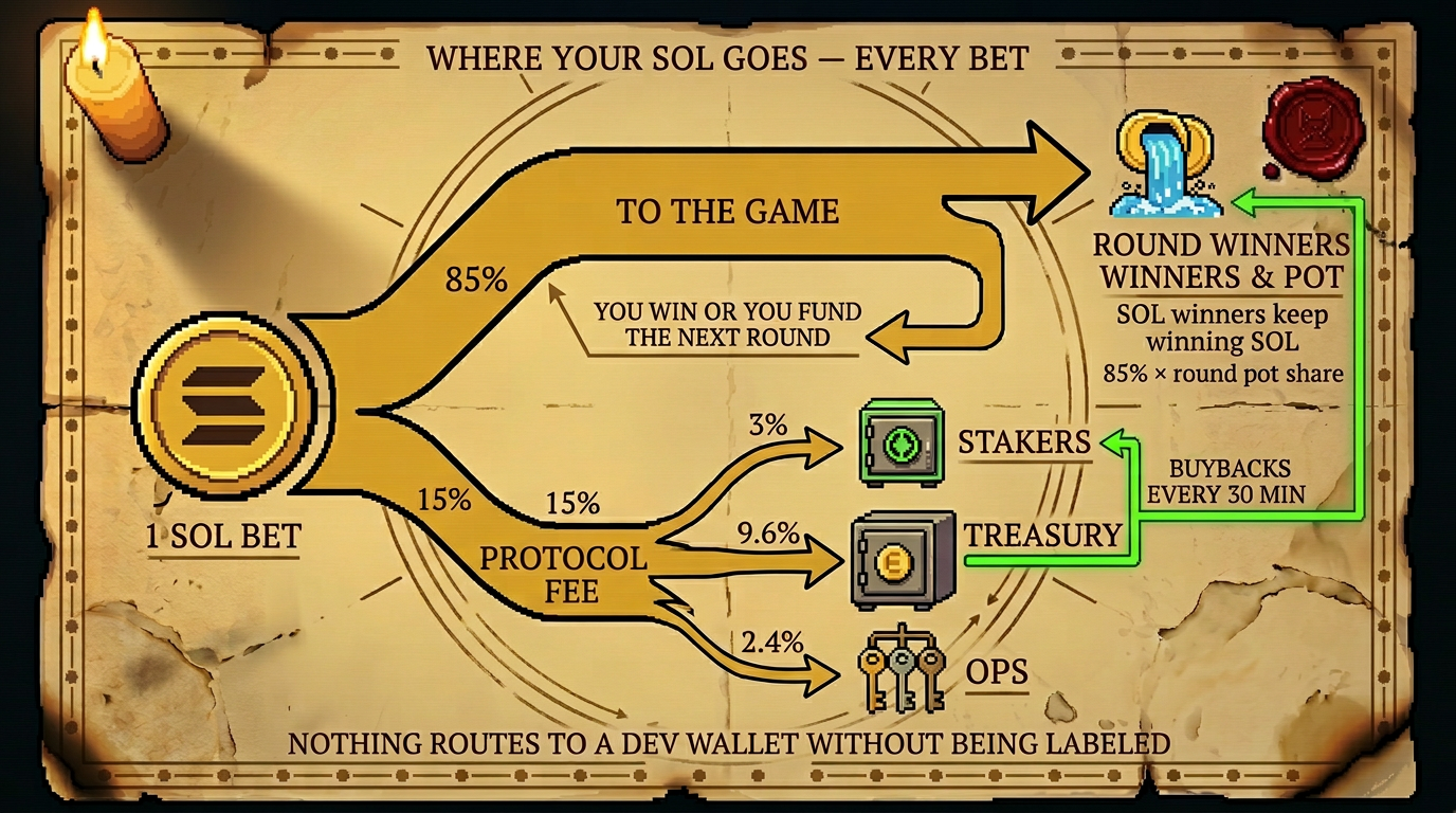 Sankey diagram: 1 SOL bet splits into round pot and protocol fee, which splits further into stakers / treasury / ops