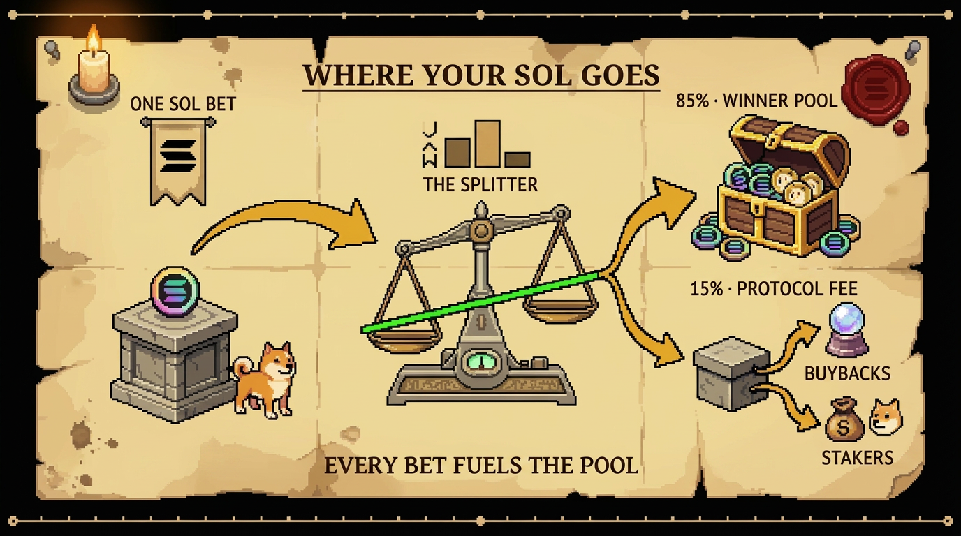 SOL flowing through the 12 country arena — bets in, round settles, payouts out