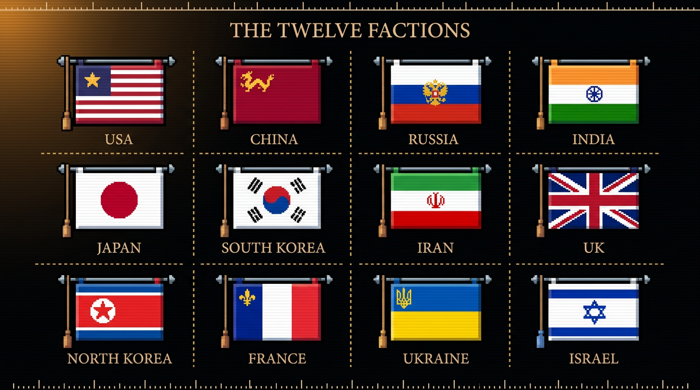 The twelve factions of MineBTC — USA, China, Russia, India, Japan, South Korea, Iran, UK, North Korea, France, Ukraine, Israel